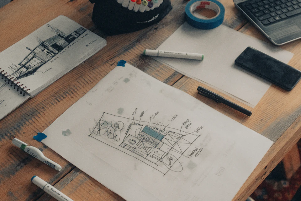 Croquis de maquette dessinés sur des feuilles posées sur une table en bois