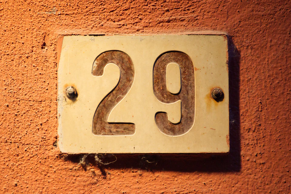 Plaque de numéro de maison en laiton, le 29, fixée sur un mur orangé