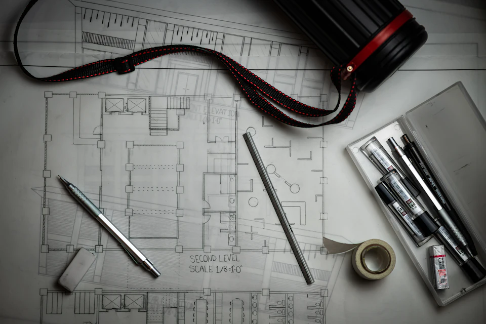 Plans d'architecte avec crayons, règle et rouleau de ruban adhésif sur la table
